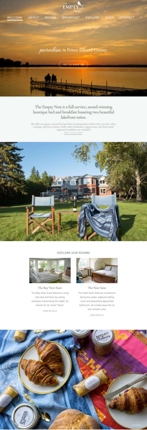 Empty Nest B & B website home page